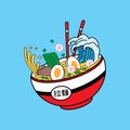 Ramen noodles vector illustration on bowl and chopstick with great wave vintage retro flat style. Royalty Free Stock Photo