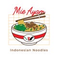 Mie ayam chicken noodles vector illustration on bowl and chopstick with vintage retro flat style.