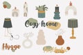 Cozy home decor set, hygge aesthetic home objects. Autumn home cozy elements