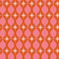 Mid Century atomic starburst on orange ogee seamless pattern on pink background.