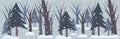 Wide doodle background with gloomy winter forest