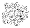 Hand-drawn fish doodle set. Kawaii black and white fish, jellyfish, starfish, blob fish