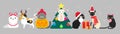 Collection of Christmas cats, Merry Christmas illustrations of cute cats with accessories like a knitted hats, sweaters, scarfs. Royalty Free Stock Photo