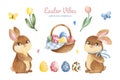 Watercolor Easter collection.Set with tulips,butterflies,colored eggs and cute bunnies