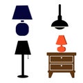 Furniture chandelier, floor and table lamp in flat cartoon style. A set of lamps on a white background Royalty Free Stock Photo