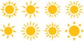 Group Sun icons vector. Collection Shine sun ray set. Sunshine vector sign. Sunrise icon. Royalty Free Stock Photo