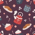 Cozy winter pattern with cups, lollipops, cookies for wrapping paper