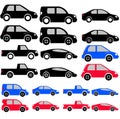 Blue, Red, Black car silhouettes set icons. Super sports cars. Luxury vehicles group. Automobile transportation collection