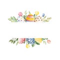 Watercolor Easter illustration. Ready to use frame border with tulips,branches,butterfly and colored eggs Royalty Free Stock Photo