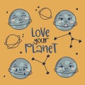 Love your planet doodle vector poster. Cosmos astronomy illustration. Royalty Free Stock Photo