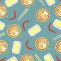 Seamless pattern with ramen, chilli pepper, pickled radish and chopsticks. Asian food.