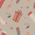 cozy winter hygge pattern with gifts and socks for wrapping paper