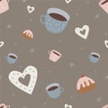 cozy winter hugge pattern with cups and cakes for wrapping paper