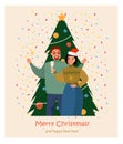 Two happy peoples man and women near Christmas tree. Beautiful element for your New Year design. Christmas eve, happy celebraite,