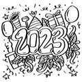 Coloring pages new years illustrations. 2023 hand drawn doodles illustration