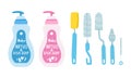 Vector set of baby bottles and dish soap bottle and bottle brush set clipart Royalty Free Stock Photo