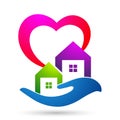 Heart love hand home house real estate with care icon logo illustrations