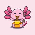 Cute axolotl eating noodle cartoon mascot illustration.