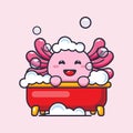 Cute axolotl taking bubble bath in bathtub cartoon mascot illustration.