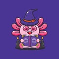 Witch axolotl reading spell book. Royalty Free Stock Photo