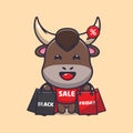 Cute bull shopping in black friday cartoon illustration.