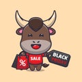 Cute bull with shopping bag in black friday cartoon illustration.