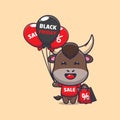 Cute bull with balloon and shopping bag in black friday.