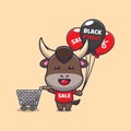 Cute bull in black friday with balloon and shopping cart.