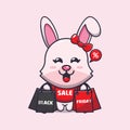 Cute bunny with shopping bag in black friday cartoon illustration. Royalty Free Stock Photo