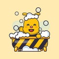 Cute bee taking bubble bath in bathtub cartoon mascot illustration.