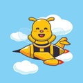 Cute bee mascot cartoon character ride on plane jet. Royalty Free Stock Photo