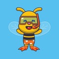 Cute bee diving cartoon mascot character illustration.