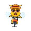 Cool bee cartoon mascot character in sunglasses ride motorcycle in summer day. Royalty Free Stock Photo