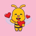 Cute bee cartoon character holding love heart. Royalty Free Stock Photo