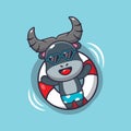 Cute buffalo cartoon mascot character in sunglasses swim in beach on buoy Royalty Free Stock Photo