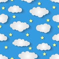 Cute Paper Clounds And Stars Colage Vector Background Pattern Seamless