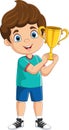 Cartoon little boy holding gold trophy