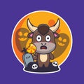 Cute bull scared by ghost in halloween day