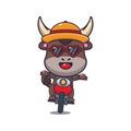 Cool bull cartoon mascot character in sunglasses ride motorcycle in summer day.