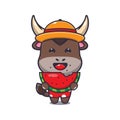 Cute bull cartoon mascot character eat fresh watermelon.