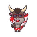 Cute bull cartoon mascot character with surfboard holding ice. Royalty Free Stock Photo