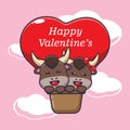 Cute bull cartoon character fly with air balloon in valentines day. Royalty Free Stock Photo