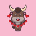 Cute bull cartoon character holding love decoration. Royalty Free Stock Photo