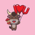 Cute bull cartoon character holding love balloon and love flowers. Royalty Free Stock Photo