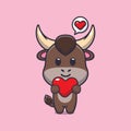 Cute bull cartoon character holding love heart. Royalty Free Stock Photo