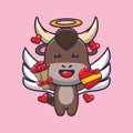 Cute cupid bull cartoon character holding love gift and love bouquet. Royalty Free Stock Photo