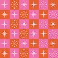 Mid century modern retro starbursts on orange and pink checkerboards seamless pattern.