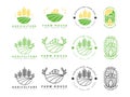 agriculture logo set, farming icons, farming land, crop field, meadow, milk, barn, vector illustration. eps3