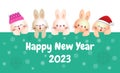 Happy New Year 2023, group of cute funny bunny rabbat holding sign board banner template, Xmas holiday party vector, Royalty Free Stock Photo