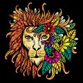 Doodle Hand draw of lion head decorative with floral element Royalty Free Stock Photo